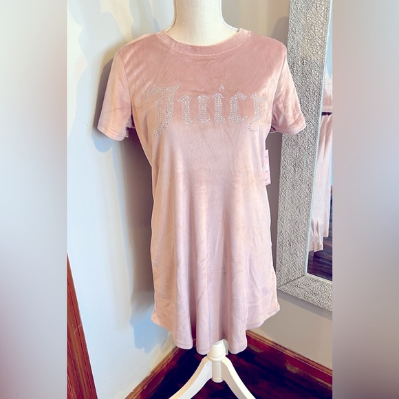 👑🩷JUICY COUTURE Pink Soft Velour Rhinestone Embellished Logo Y2K Sleep Shirt - Picture 9 of 10